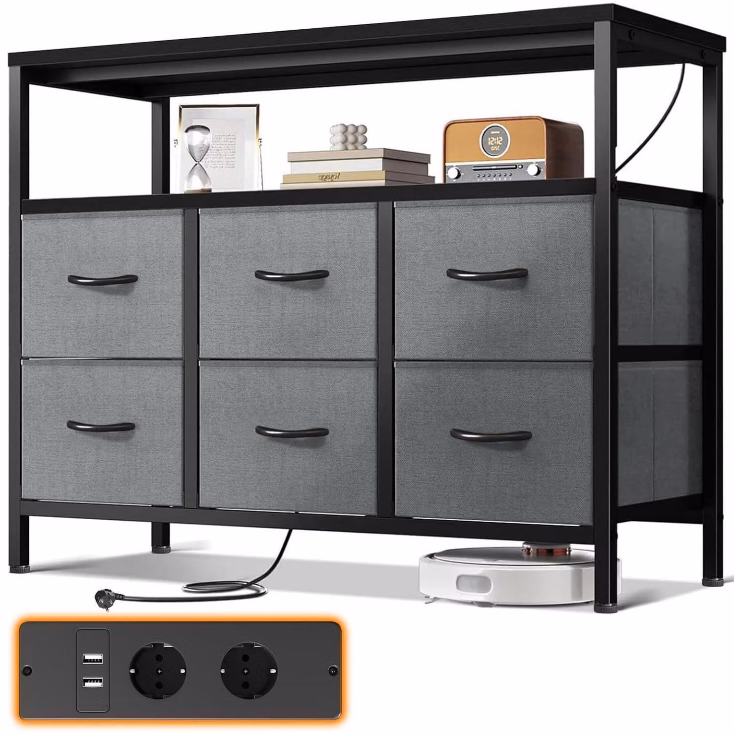Comodino con 6 cassetti imbottiti, 2 prese di corrente, 2 porte USB, colore nero, dimensioni 100x30x85,2 cm