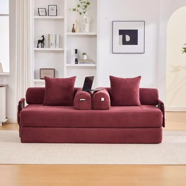 Divano modulare con tasca laterale, 3 cuscini e struttura in metallo in velluto a coste rosso vino 200×94×67 cm