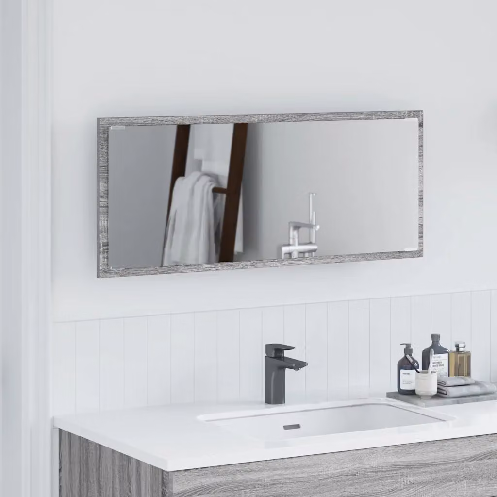 Specchio da parete moderno vidaXL con luce LED in legno e vetro, Grigio, L: 90 cm, P: 8,5 cm, H: 37 cm