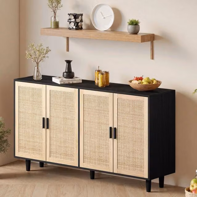 Mobile contenitore moderno WISHDOR in rattan e MDF nero con finitura opaca