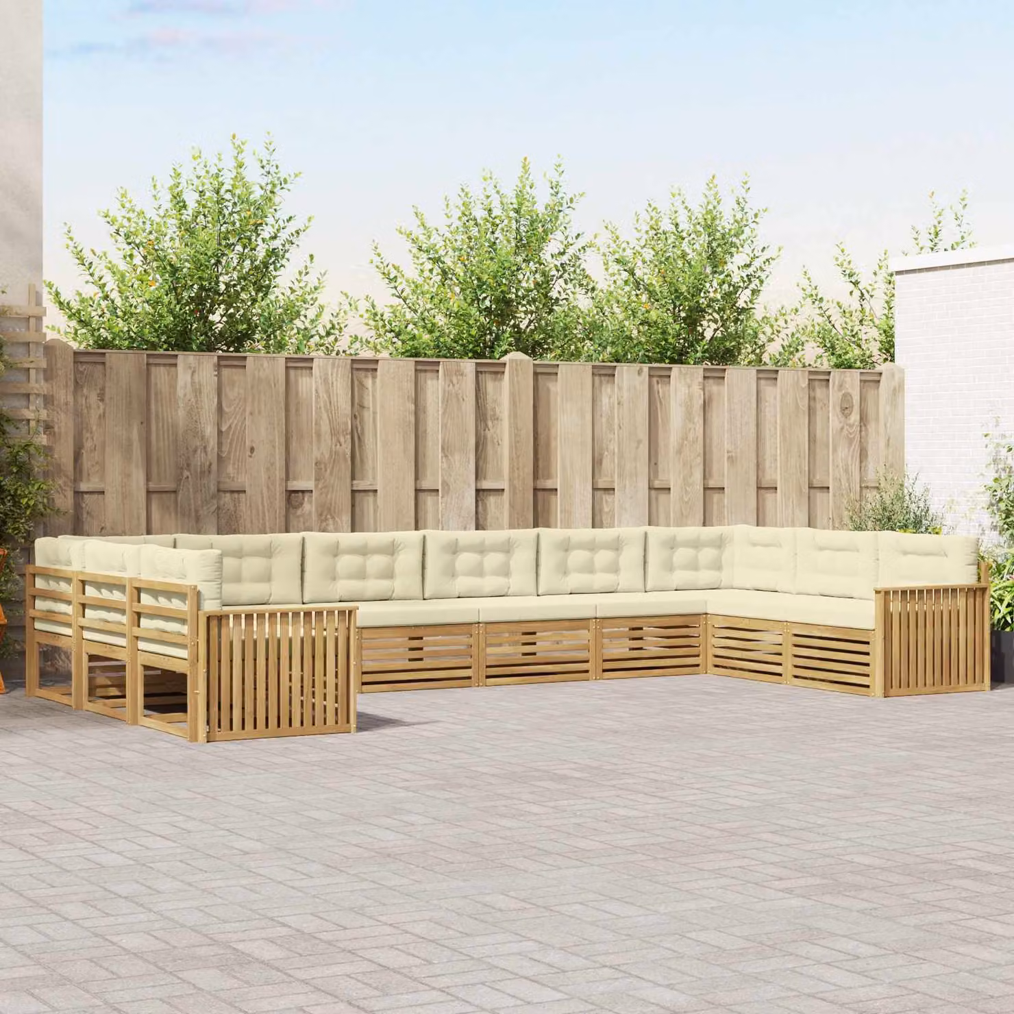 Set di divani da giardino vidaXL a forma di L con 10 pezzi in legno di acacia e tessuto resistente ai raggi UV, Bianco e Beige