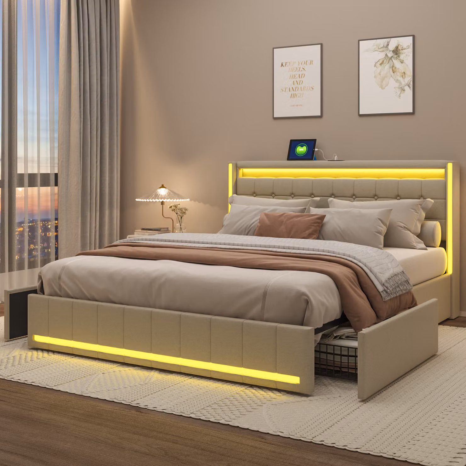 UnboxG Letto imbottito 160x200cm con USB, letto contenitore letto matrimoniale con rete a doghe e 4 cassetti, letto per ragazzi con LED, letto in legno letto funzionale, biancheria, beige