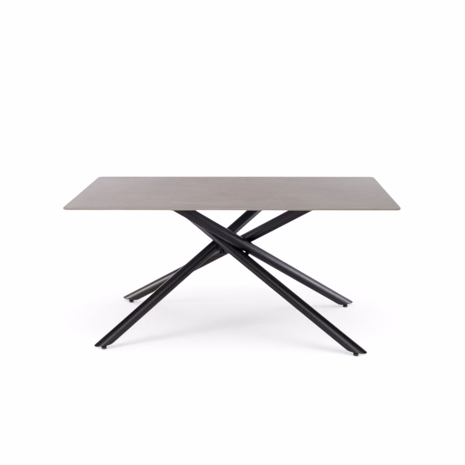 Tavolo MACINAGGIO con piano in ceramica effetto pietra grigio e gambe incrociate in metallo verniciato nero, 140x80x76 cm