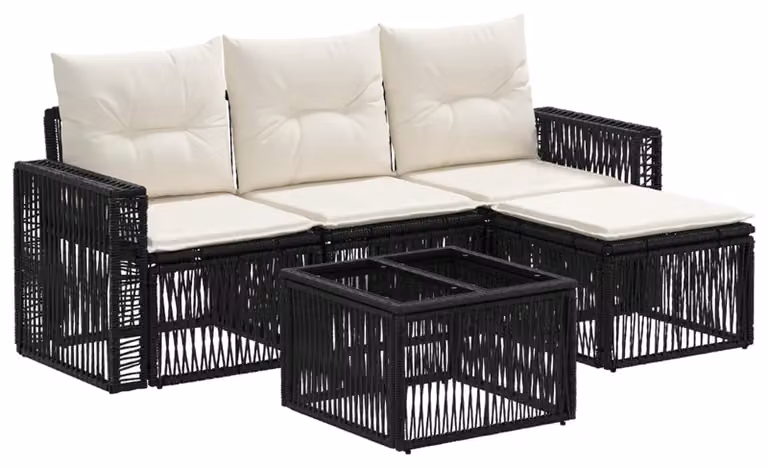 Set Divano da Giardino 5 pcs Nero e Bianco Crema polyrattan