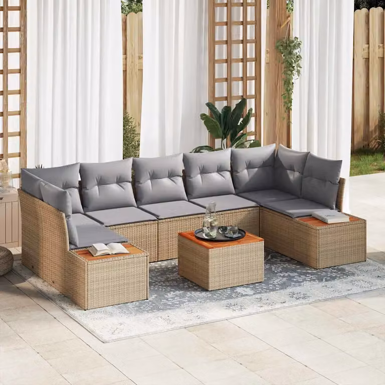 Set Divano da Giardino a L vidaXL 8 Pezzi Beige con Cuscini e Tavolino in Rattan e Acciaio