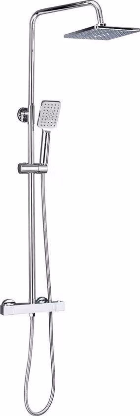 Sistema doccia con rubinetto doccia, termostatico, set doccia a pioggia con soffione e doccetta, set doccia con flessibile e asta doccia regolabile in altezza, quadrato, cromo