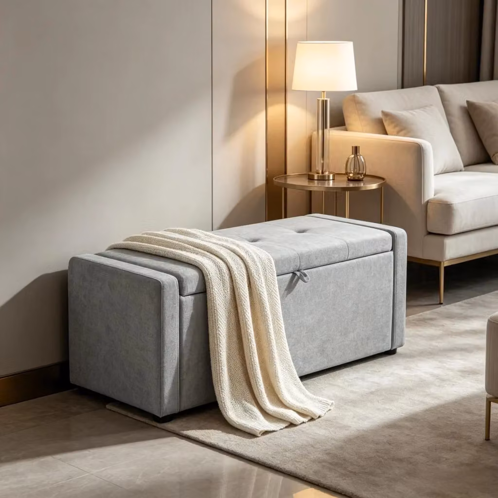 Panca contenitore imbottita WISHDOR in tessuto grigio con vano nascosto, L: 122 cm – 2
