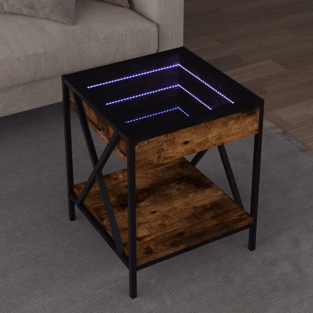 vidaXL Tavolino da Salotto Infinity con LED in Rovere Fumo e Vetro, L/P/H: 40 x 40 x 49 cm