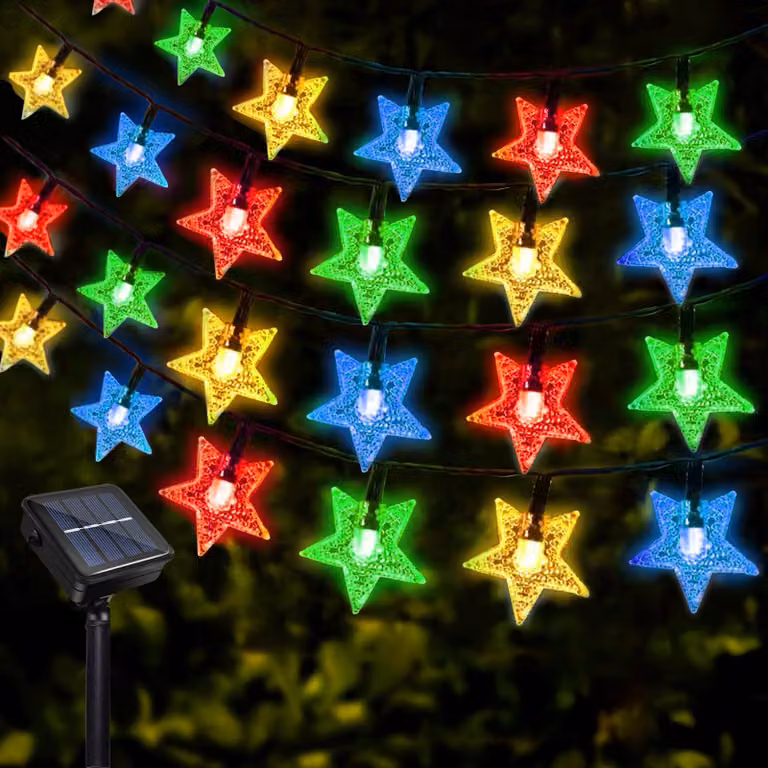 Catena luminosa solare a forma di stelle, lunghezza 12 metri, 100 LED, 8 modalità, grado di protezione IP65