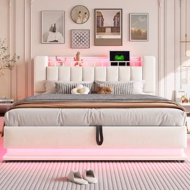 Letto matrimoniale imbottito 180 × 200 cm con LED USB e vano contenitore idraulico in velluto beige
