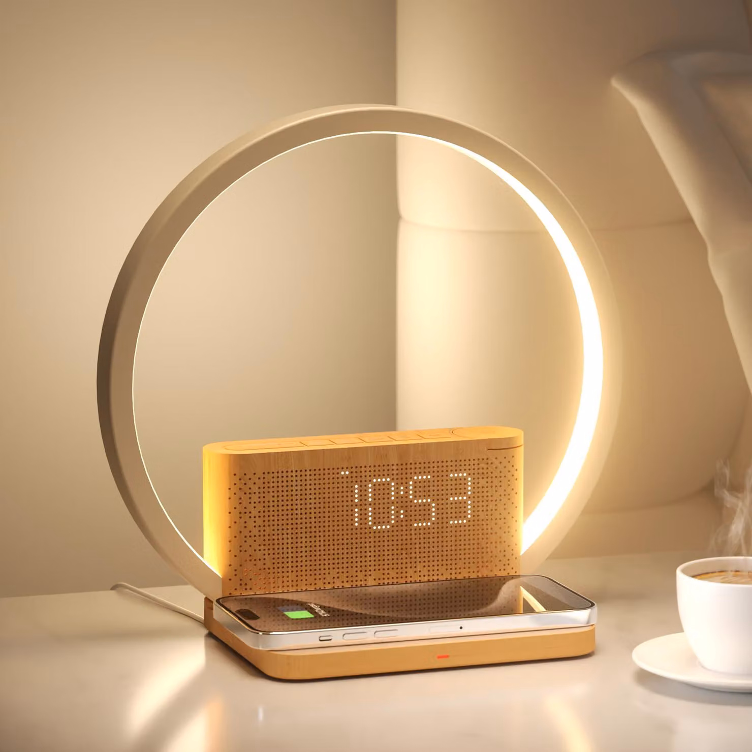 Lampada da tavolo con sveglia luminosa e caricabatterie wireless, 10 W, con dimmer touch