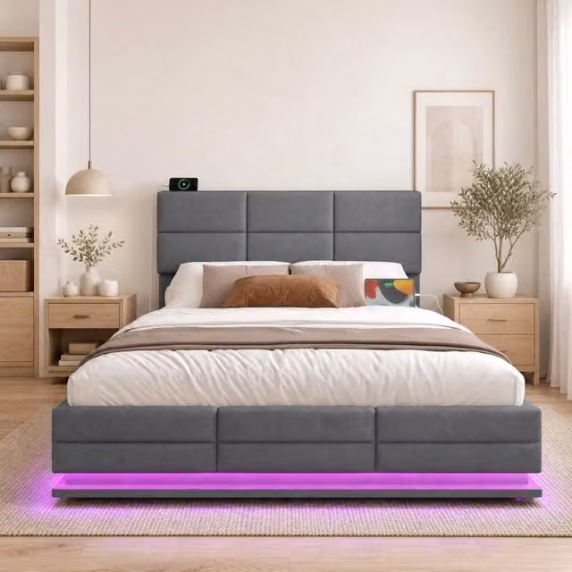 Letto matrimoniale REDOM in velluto grigio con base a sollevamento, illuminazione LED sottostante e porta USB, L/P/H: 160 x 200 x 115 cm