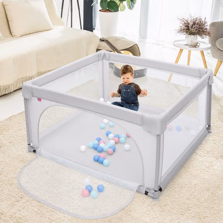 Costway Centro attività per bambini con pareti a rete traspirante e cancelli di sicurezza, pieghevole, Grigio, L 126 cm x P 126 cm x H 68 cm
