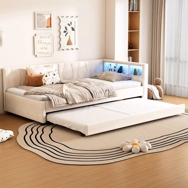 Letto da giorno 90 x 200 cm in lino, vano portaoggetti, USB + Tipo C, striscia LED, letto estraibile, rete a doghe - Beige