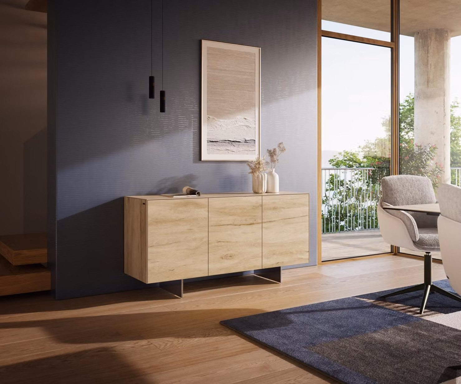 DELIFE Sideboard Cuor 150 cm Vetroceramica Laminam® Sabbia Colore rovere 3 ante Piedini effetto sospeso Acciaio inox
