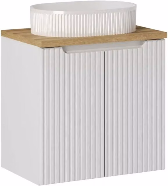 Insieme VANO bianco 60cm: mobile sotto lavabo con armadietti + piano per lavabo in rovere chiaro + lavabo da appoggio scanalato bianco