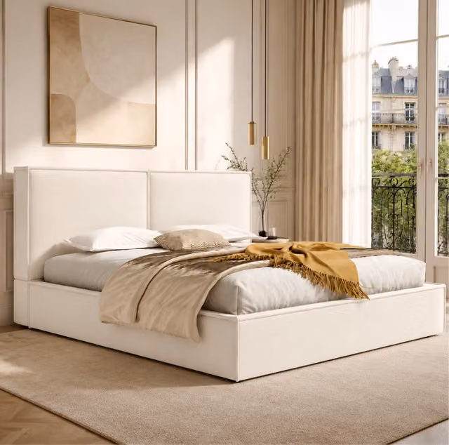 Letto matrimoniale 180x200 cm con contenitore idraulico e rete a doghe; lino beige
