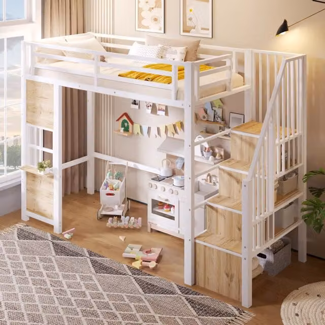 Letto a soppalco 90 × 200 cm con scala contenitore, vano aperto inferiore, barriera di sicurezza, senza materasso, bianco