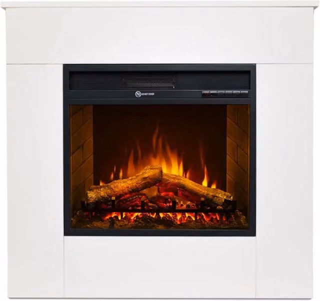 Michelangelo - Camino Elettrico da Terra con Effetto Fiamma 96x90x35 cm In Legno Bianco