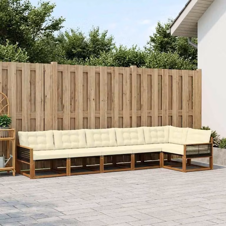 Set di divani da esterno vidaXL a forma di L composto da 6 pezzi in legno di acacia con cuscini beige e marrone