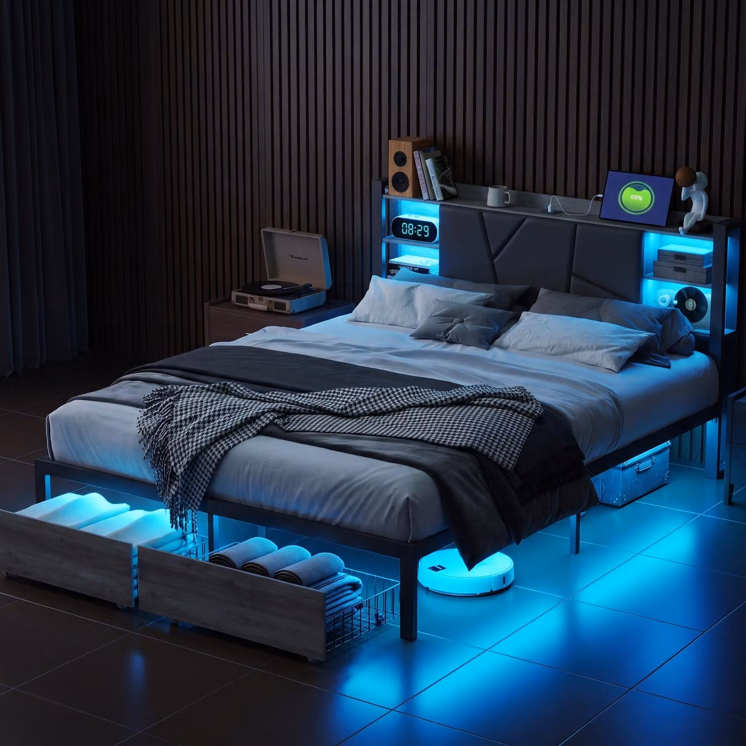 Letto matrimoniale in metallo imbottito, 140x200 cm, con USB, rete a doghe e spazio contenitore, letto con 2 cassetti, letto contenitore con LED, rivestito in PU, colore nero