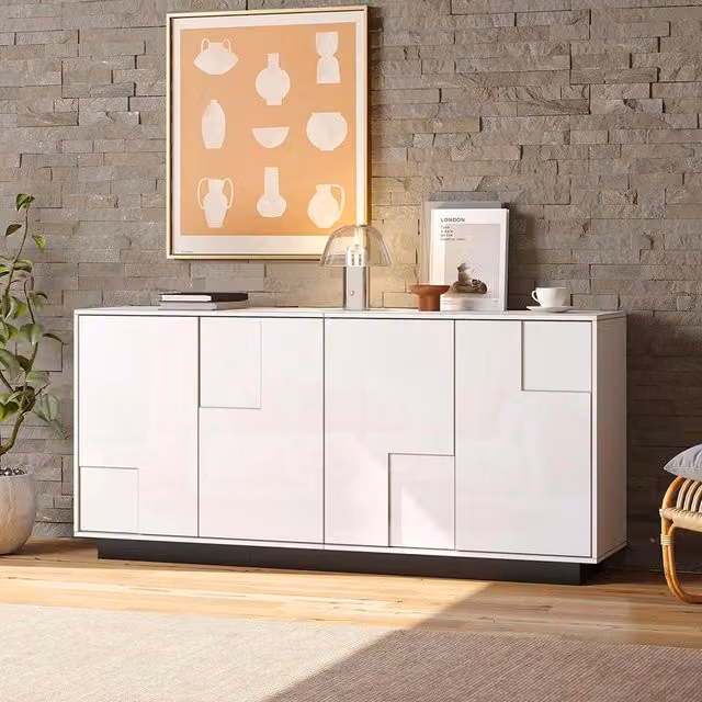 Credenza Soggiorno 160x37x75.5cm - Xylo - Design Geometrico con 4 Ante, Bianco e Nero
