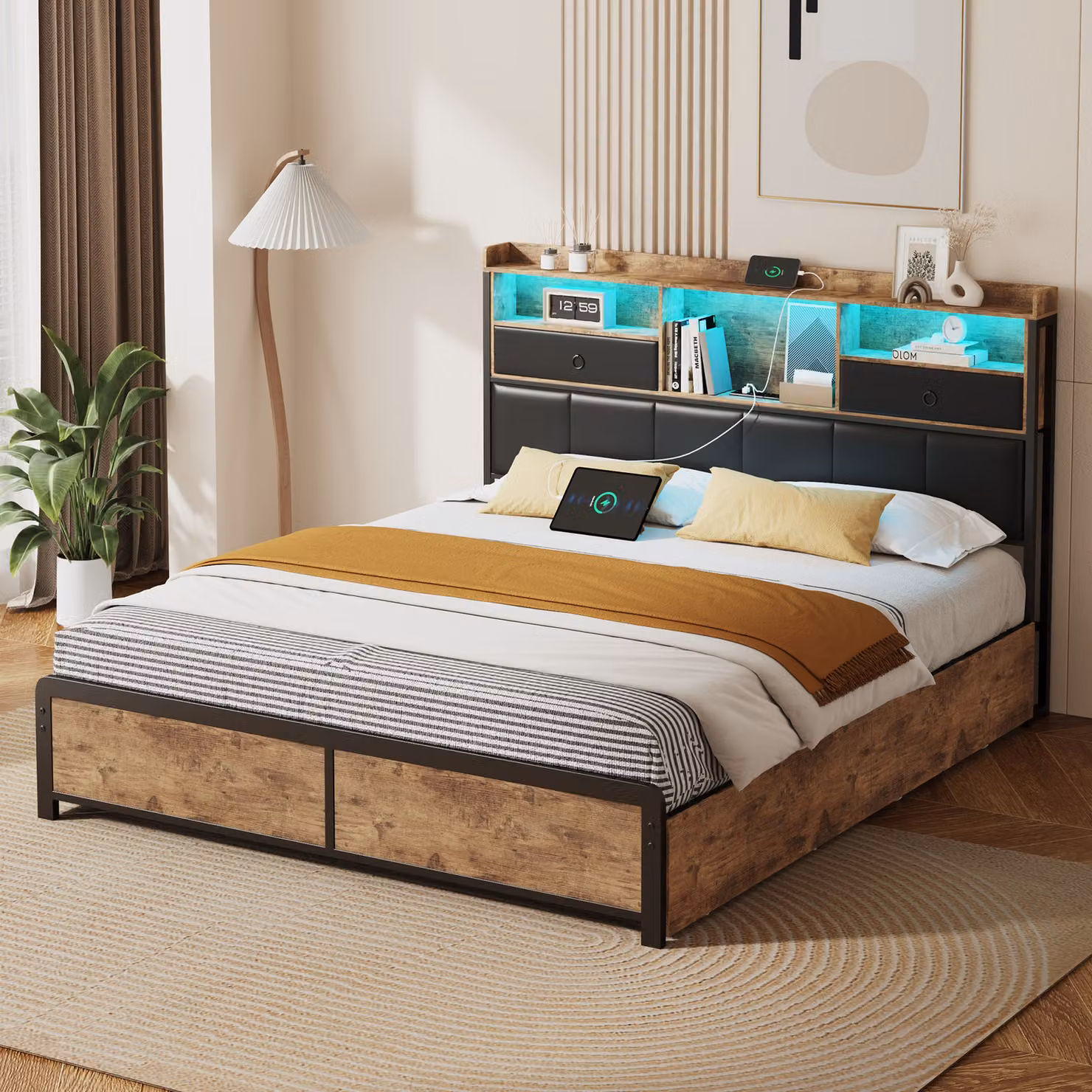 Letto matrimoniale imbottito ProximaX letto in metallo 160x200cm con rete a doghe, letto per ragazzi con Led e USB, letto contenitore con 4 cassetti, per adulti e ragazzi, funzione contenitore, metallo, marrone