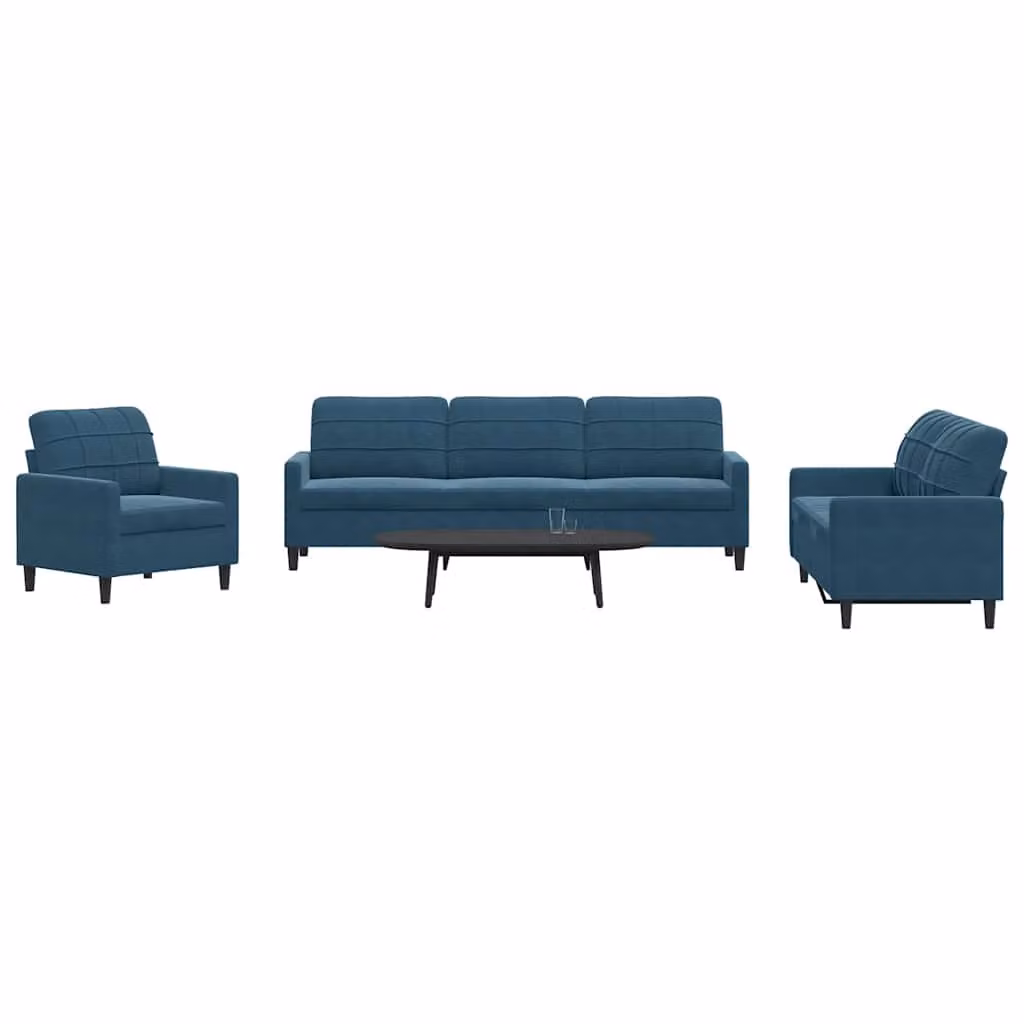 Set di divani moderno vidaXL in velluto blu composto da un divano a 3 posti, un divano a 2 posti, un pouf e cuscini coordinati con struttura in metallo