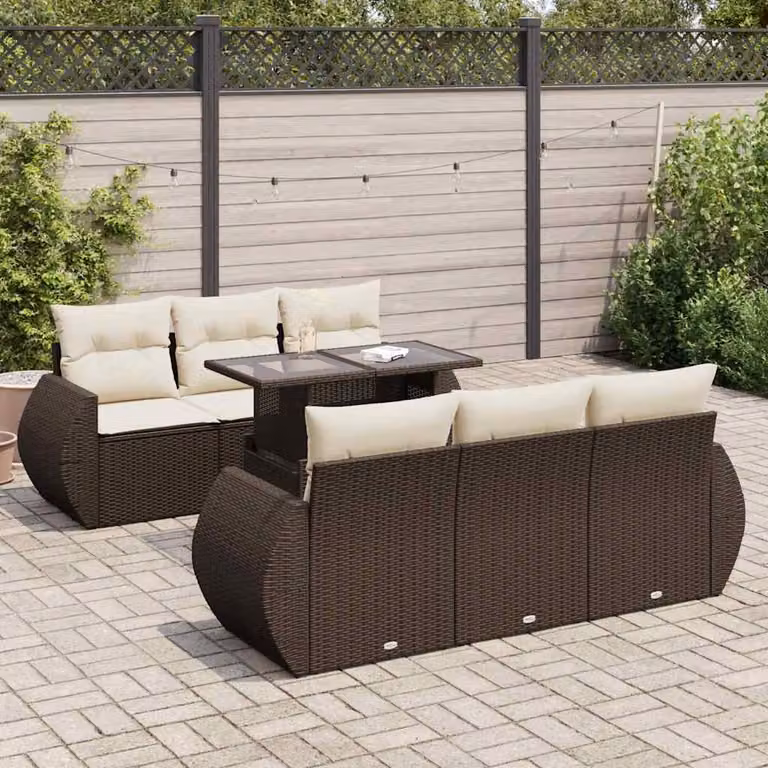 Set Divani da Giardino vidaXL 7 Pezzi in Polyrattan Marrone con Cuscini e Tavolino da Esterno