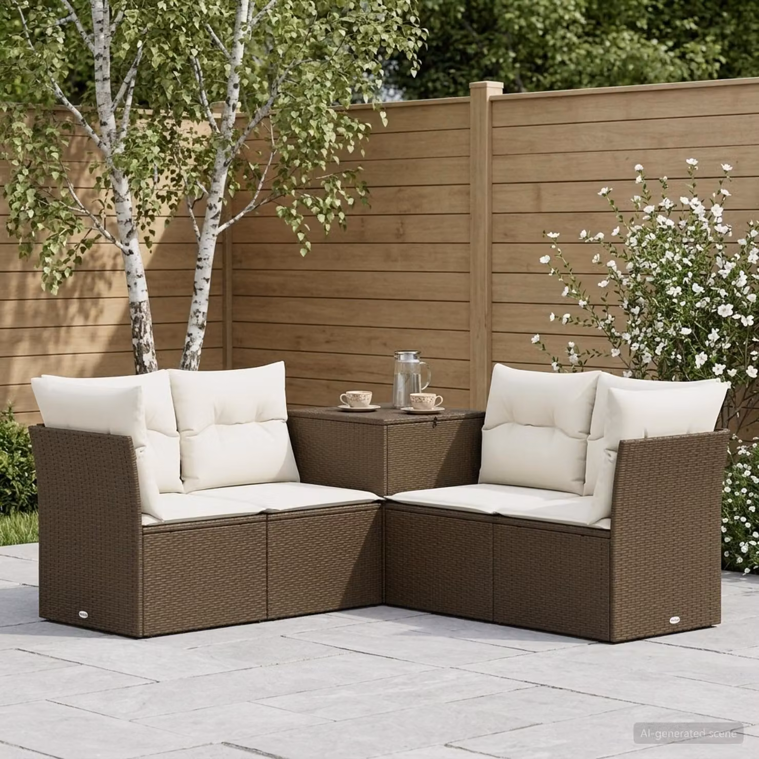 Set di divani da giardino a L vidaXL in polyrattan marrone e bianco con cuscini inclusi