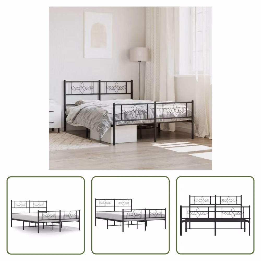 The Living Store Struttura letto con testiera e pediera in metallo nero 160x200 cm