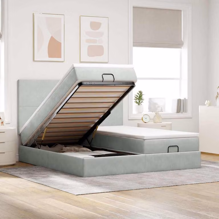 Letto con Pouf e Materassi vidaXL in Velluto con Base a Sollevamento, Illuminazione Sotto il Letto e Porte USB, L/P/H: 200 x 200 x 128 cm