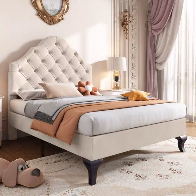Letto Singolo Imbottito 90x200 cm con Rete a Doghe e Testiera Regolabile in Velluto Beige