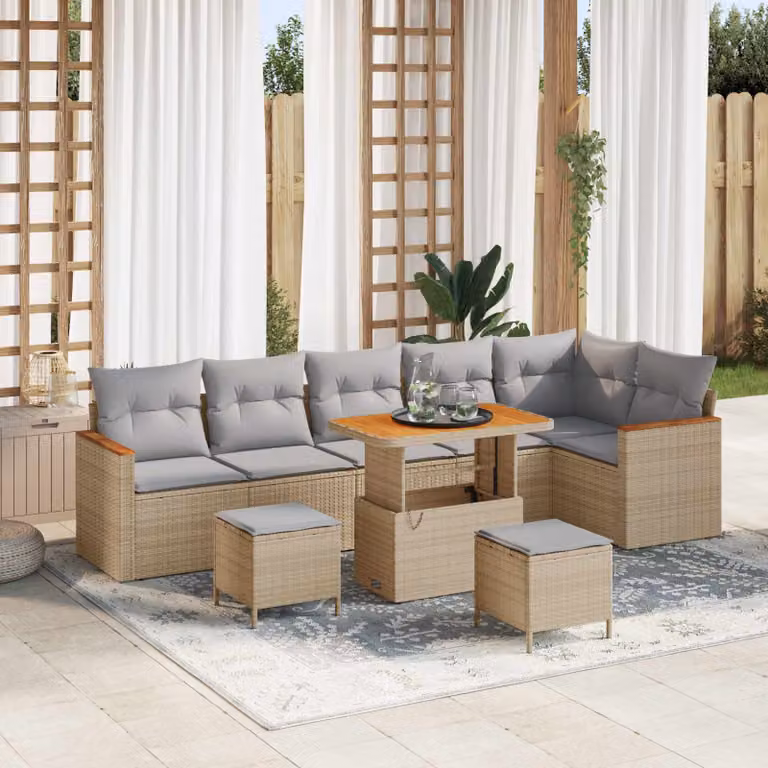 Set Divano da Giardino Moderno vidaXL in Polyrattan Beige con Cuscini e Tavolino da 9 Pezzi