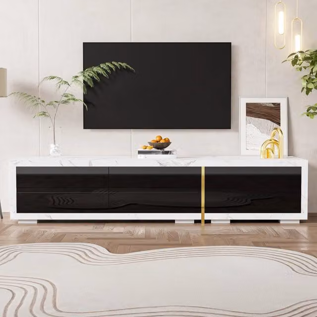 Mobile porta tv allungabile 140-260 cm girevole moderno effetto marmo bianco e nero