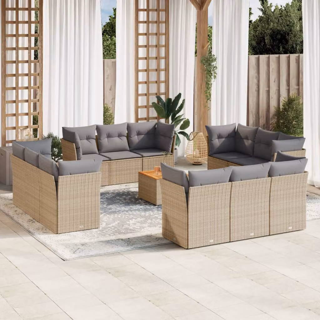 vidaXL Set Divano da Giardino a L 13 pz con Cuscini Beige e Tavolino in Polyrattan e Legno di Acacia – 1