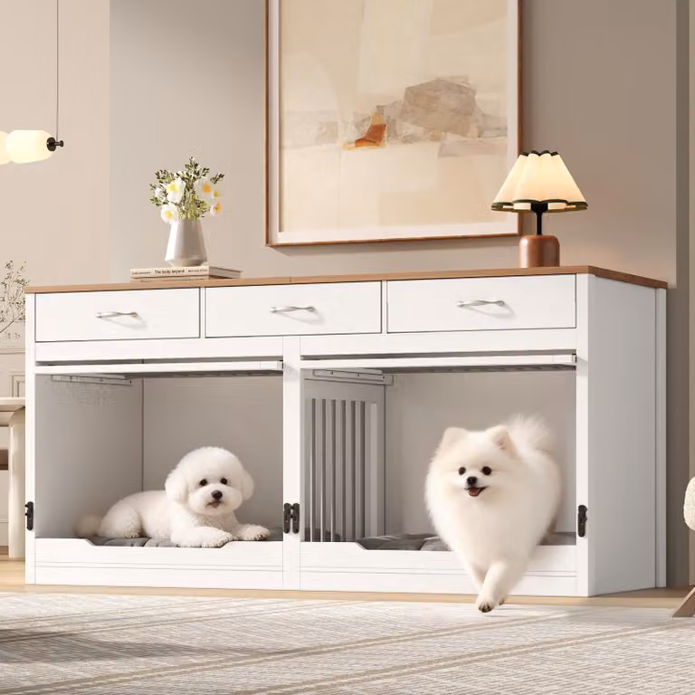 Cuccia per cani Merax in legno e metallo con 3 cassetti e 2 ante, divisorio rimovibile, cuccia per 2 cani, cuccia interna, XXL 164×60×81 cm, colore naturale