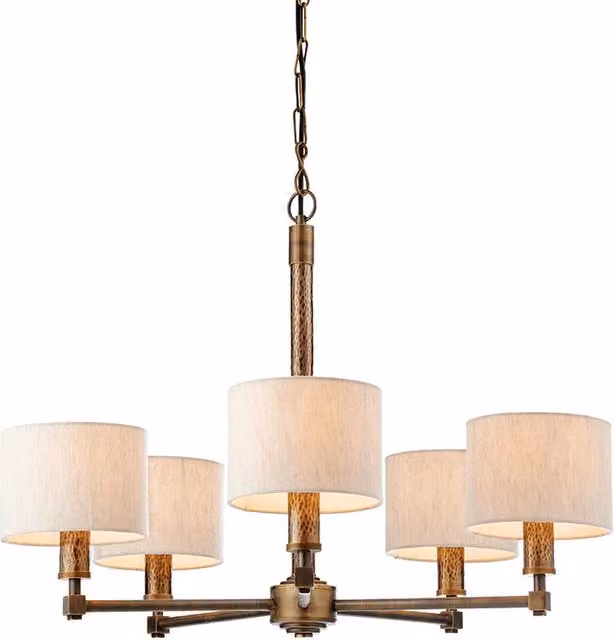 Lampadario a sospensione Endon con 5 luci in bronzo e paralumi in tessuto beige dimmabile