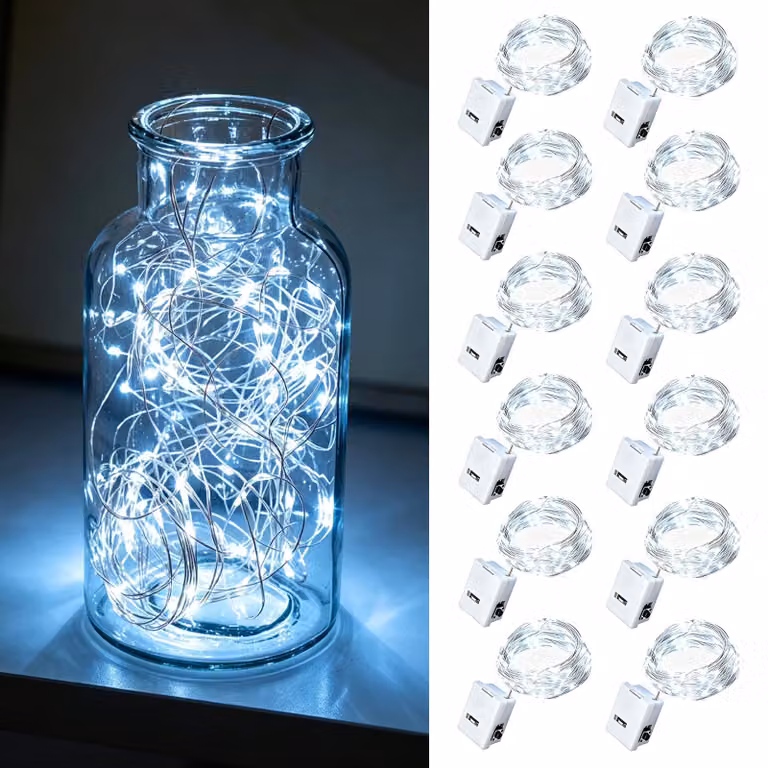 Confezione da 12 luci a LED bianche fredde, alimentate a batteria, lunghezza 2 metri