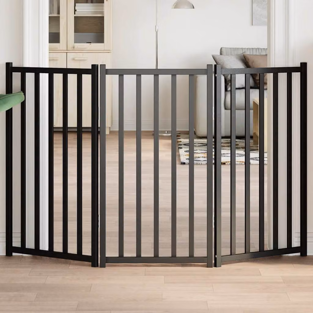 Cancello per cani pieghevole vidaXL in 3 pannelli in legno di abete massello, colore nero, larghezza: 150 cm
