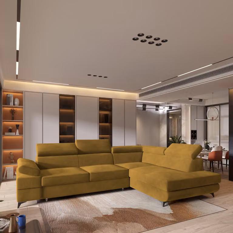 Divano angolare FAVIEN R-S di Masseno con funzione letto a L, divano con box letto, divano da soggiorno, divano, divano letto, set di divani - giallo, MONOLITH 48