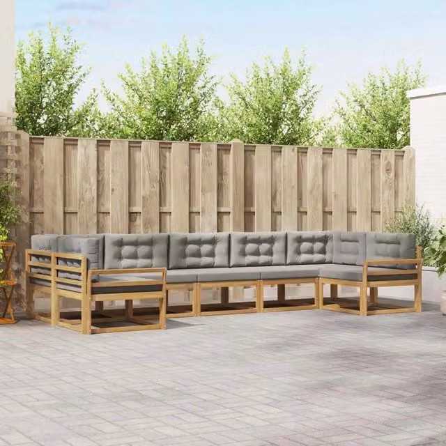 Set di divani da esterno a forma di U vidaXL composto da 7 pezzi in legno di acacia con cuscini in bianco e grigio