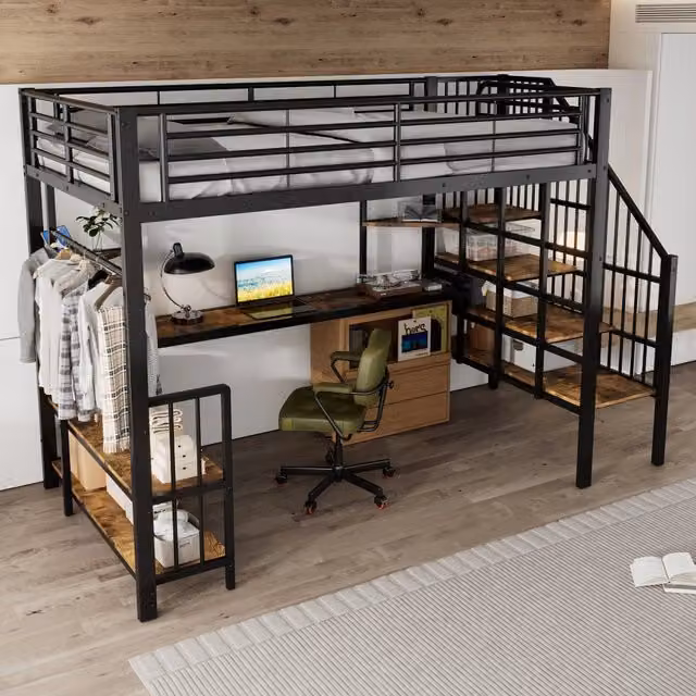 Letto a soppalco 120×200 cm con presa di ricarica, appendiabiti, mensola e scala con corrimano, senza materasso