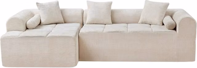 Divano angolare beige in tessuto di ciniglia, larghezza 263 cm, confezionato sottovuoto