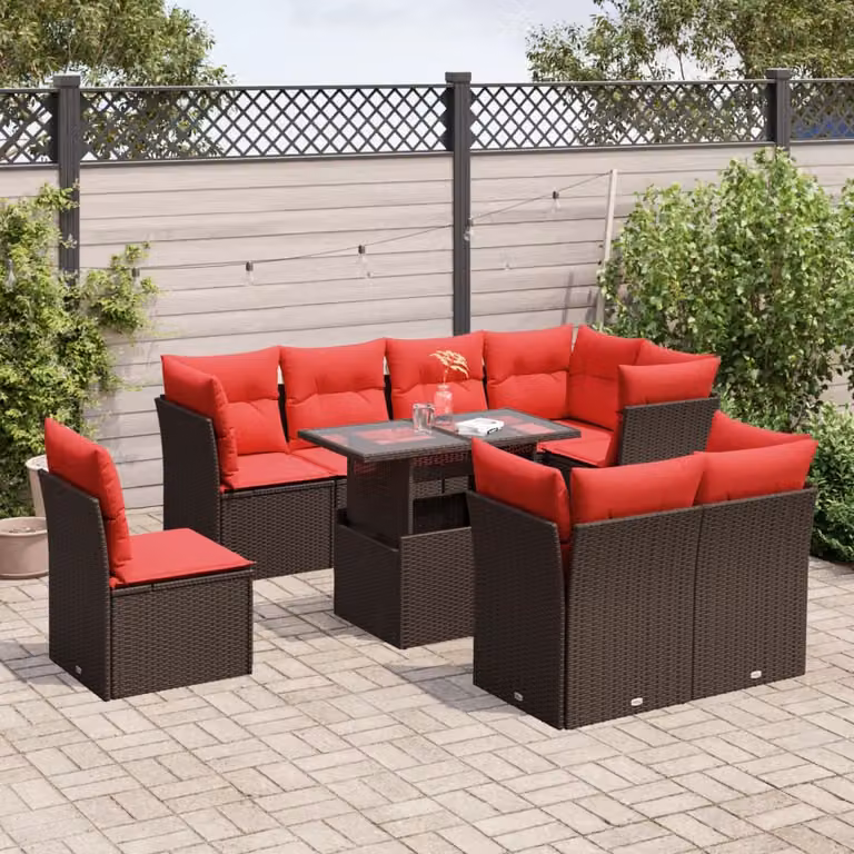 Set di divani da giardino vidaXL in polyrattan marrone con cuscini e tavolino da esterno a forma di L