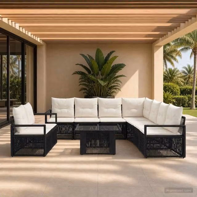 Set Divano da Giardino 10 pz Nero e Bianco Crema polyrattan 3437116