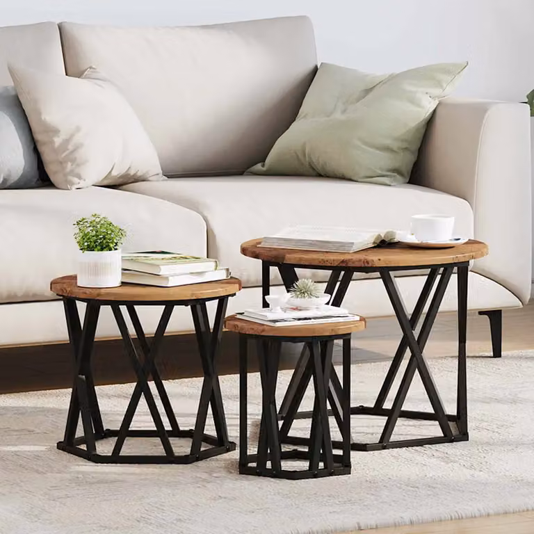 Set di 3 tavoli laterali nesting vidaXL in legno e metallo, design moderno rotondo, marrone e nero, L/P/H: 53 x 53 x 40 cm