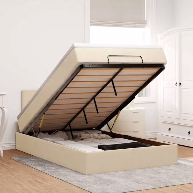 Letto con contenitore a sollevamento vidaXL in tessuto beige e bianco L: 120 cm, P: 200 cm – 1