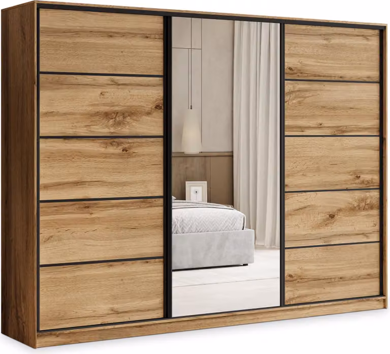 Armadio scorrevole Masseno PINA 250/205/58 cm Armadio con 4 cassetti Armadio per camera da letto a 3 ante con specchio Rovere Wotan