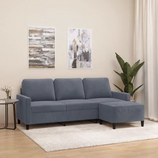 Divano a 3 posti con poggiapiedi vidaXL in velluto grigio con struttura in metallo e MDF L: 198 cm, P: 80 cm, H: 77 cm – 1